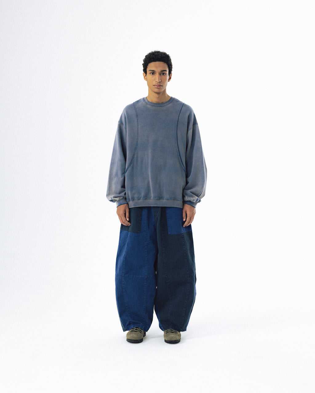 Curved Panel Washed Sweat Shirt - Blue