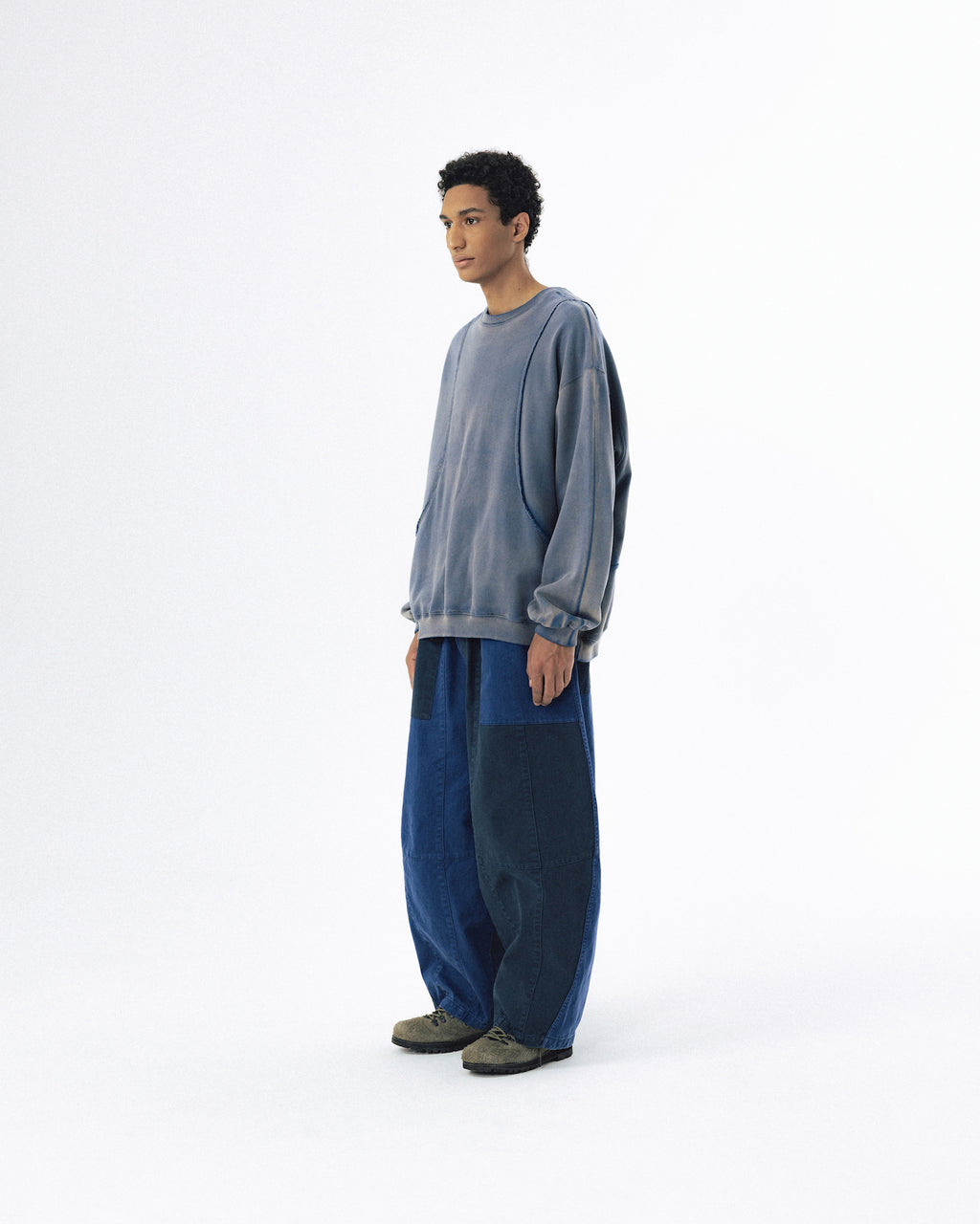 Curved Panel Washed Sweat Shirt - Blue