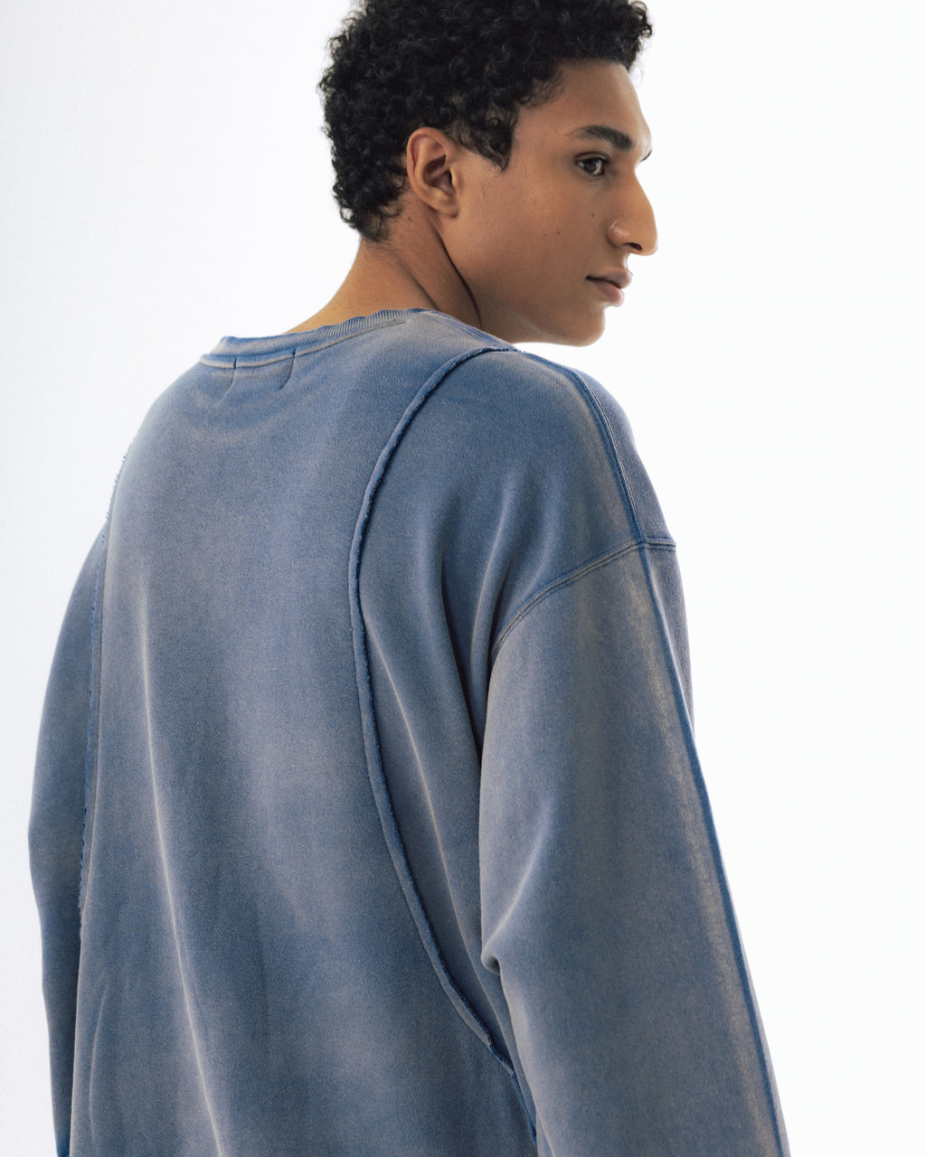 Curved Panel Washed Sweat Shirt - Blue