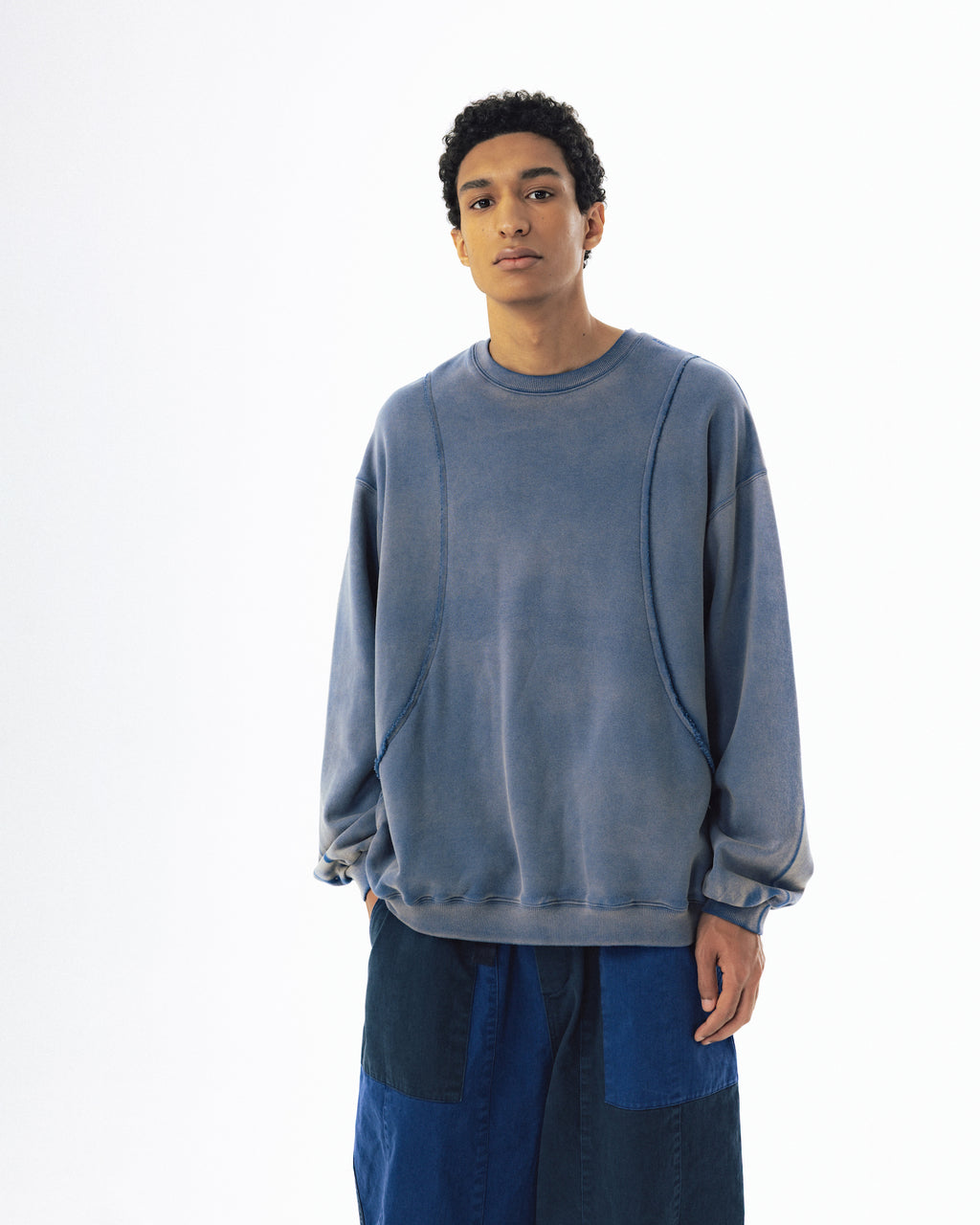 Curved Panel Washed Sweat Shirt - Blue