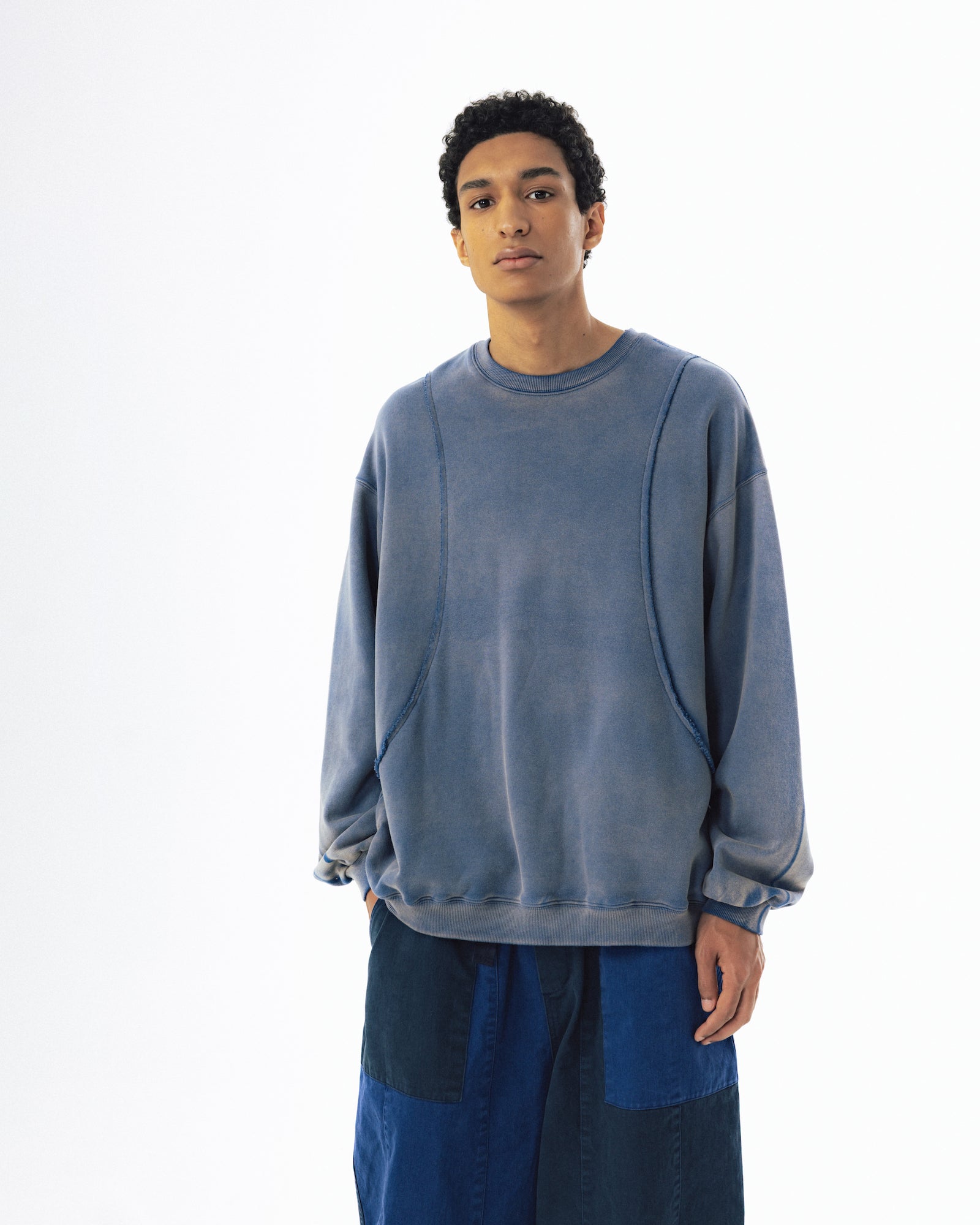 Curved Panel Washed Sweat Shirt - Blue
