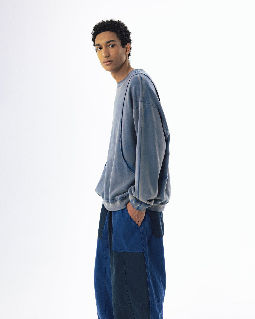 Curved Panel Washed Sweat Shirt - Blue
