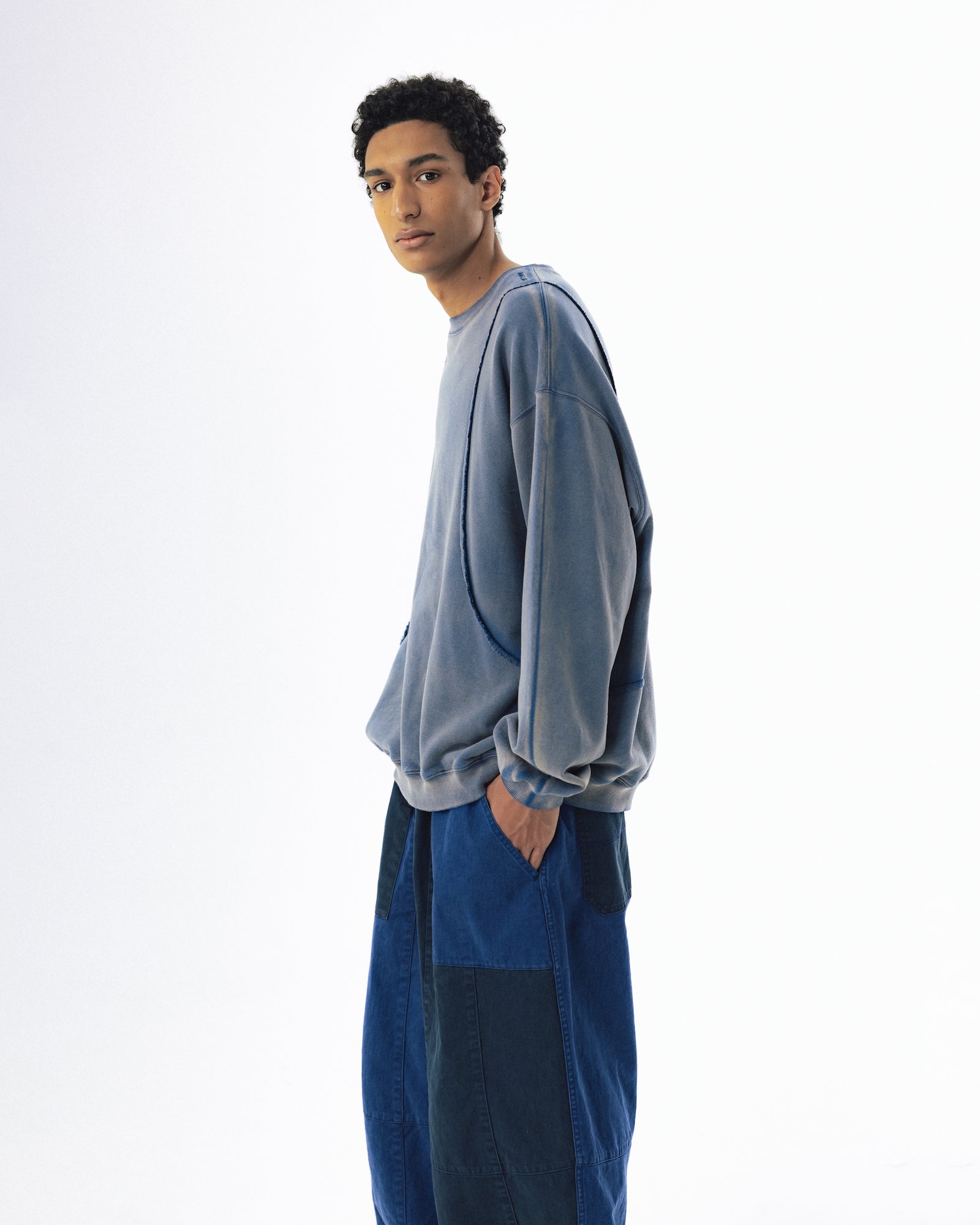 Curved Panel Washed Sweat Shirt - Blue