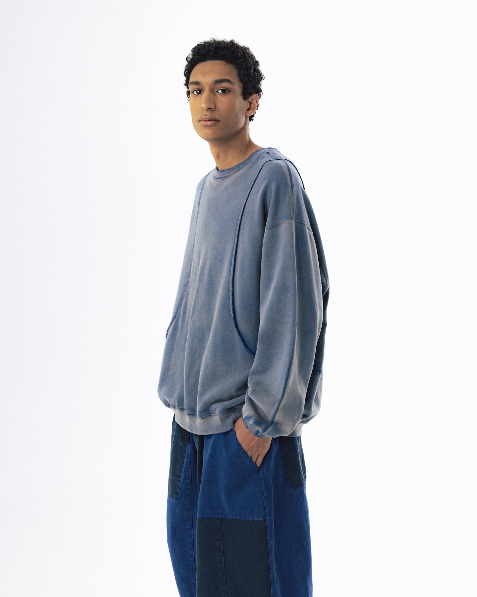 Curved Panel Washed Sweat Shirt - Blue