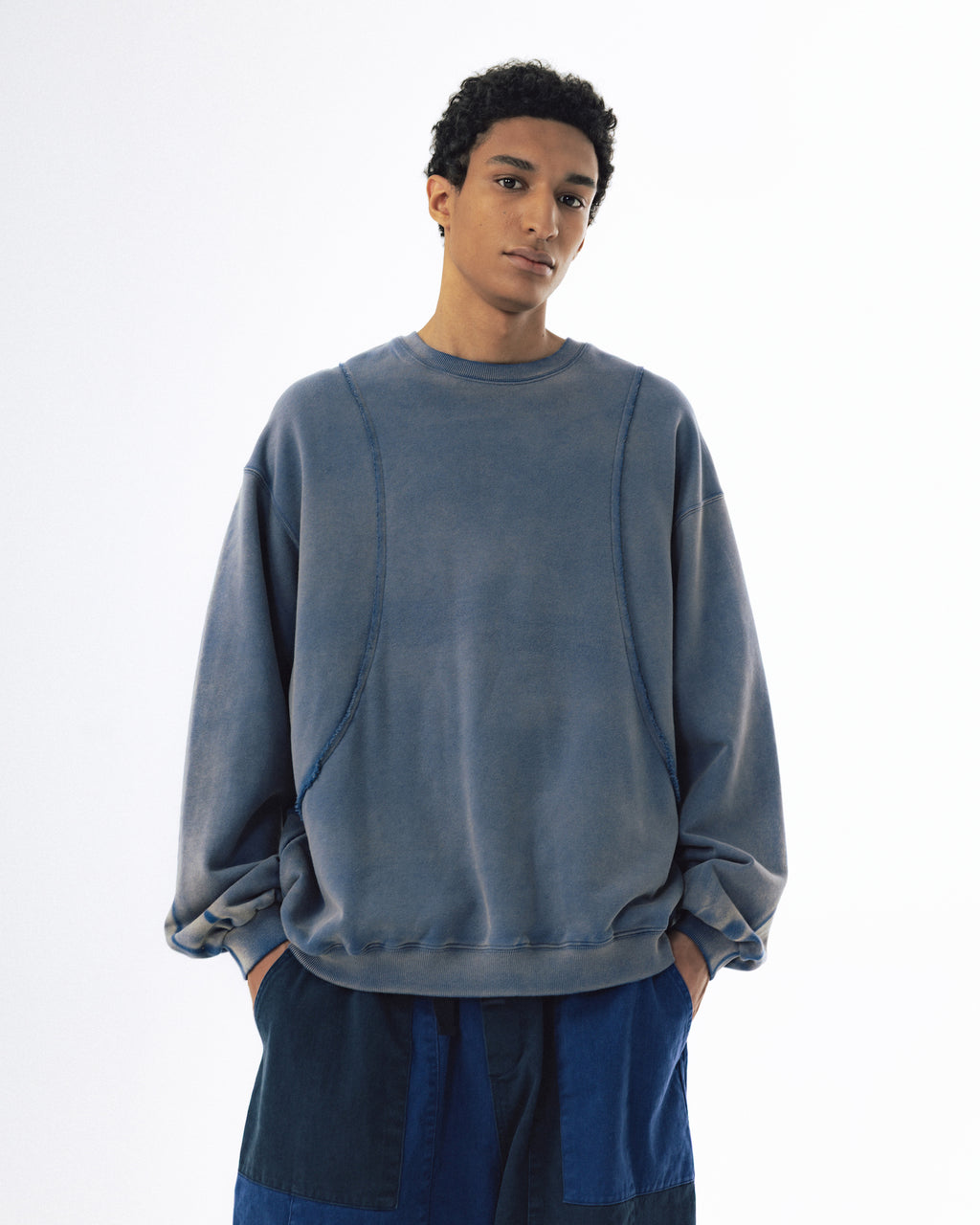 Curved Panel Washed Sweat Shirt - Blue